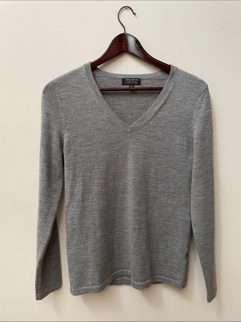 Lord & Taylor Merino Wool Heather Gray V-Neck Sweater